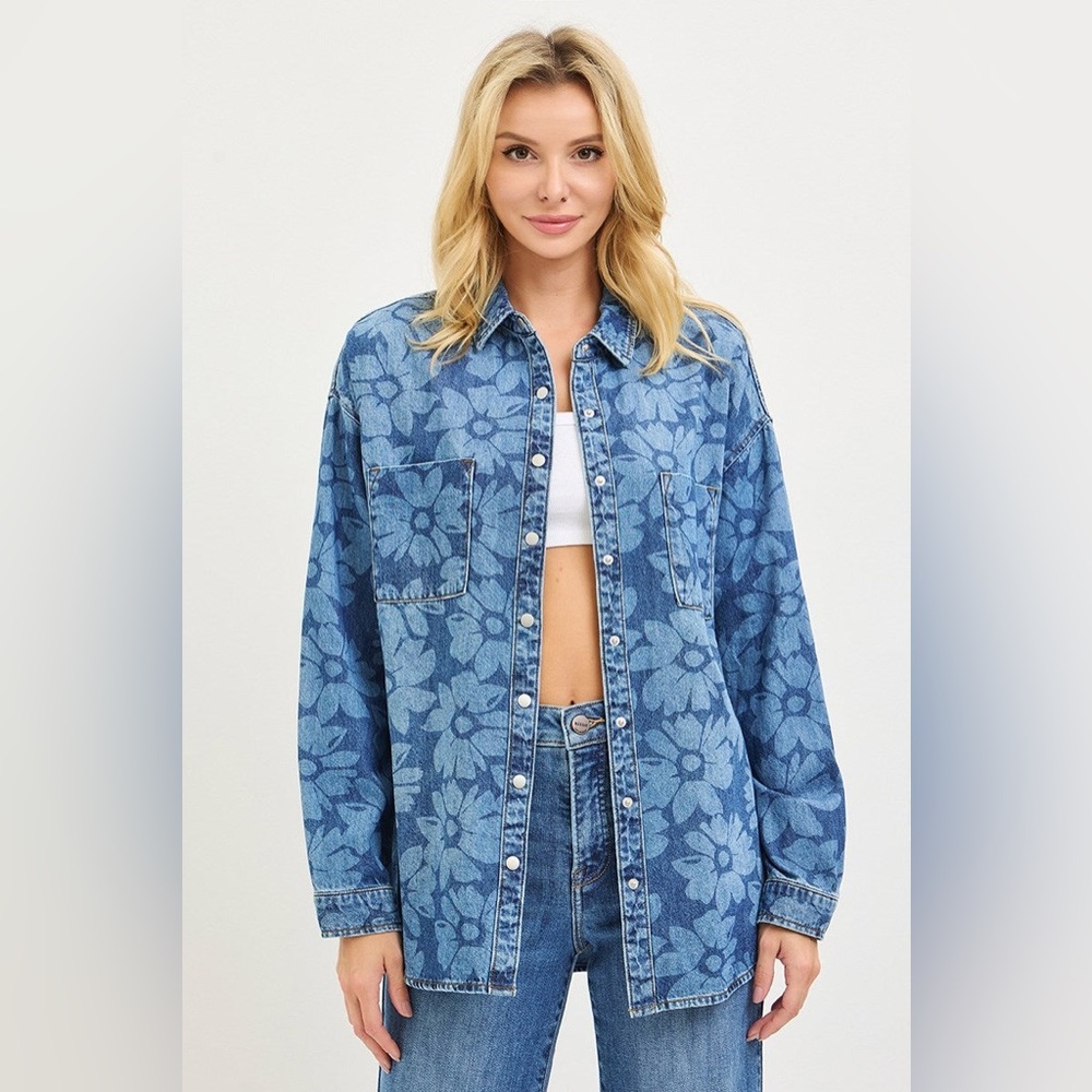 Floral Print Denim Button Down Shirt - Risen - Picture 5 of 5